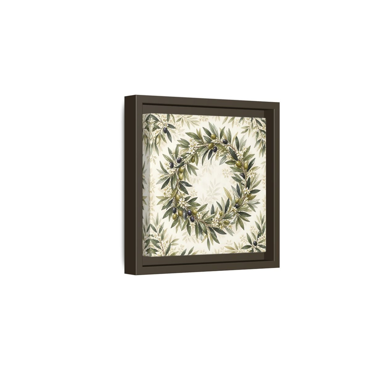 Side Mockup 2. Heavy Structured Texture Olive Leaves With Tiny White Flowers shown as stretched canvas wall art