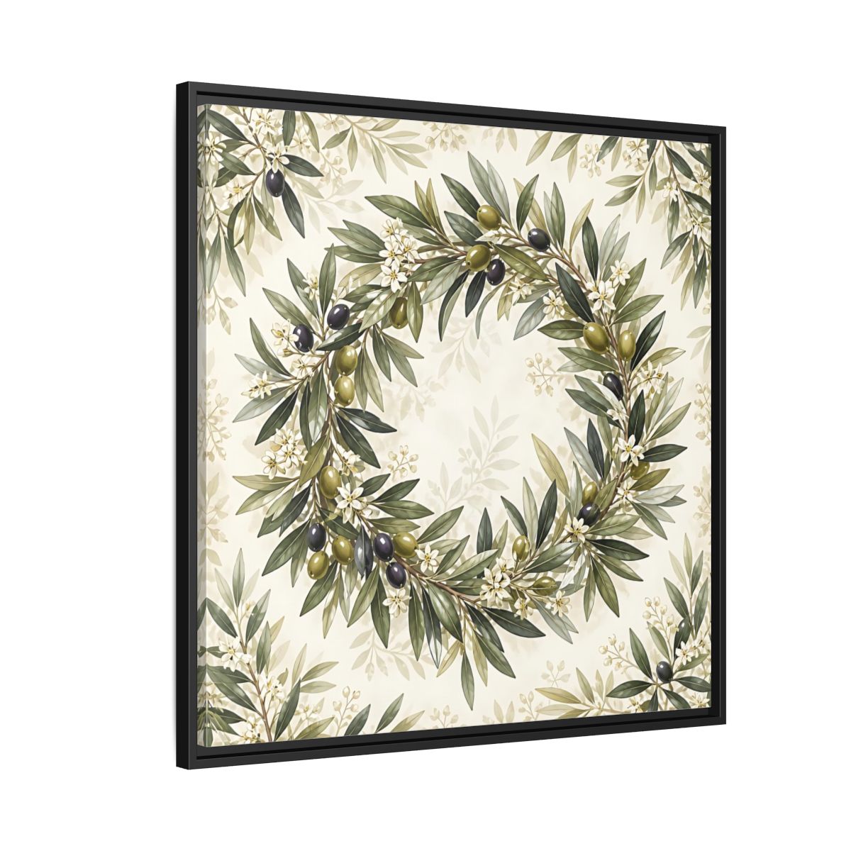 Side Mockup 9. Heavy Structured Texture Olive Leaves With Tiny White Flowers shown as stretched canvas wall art