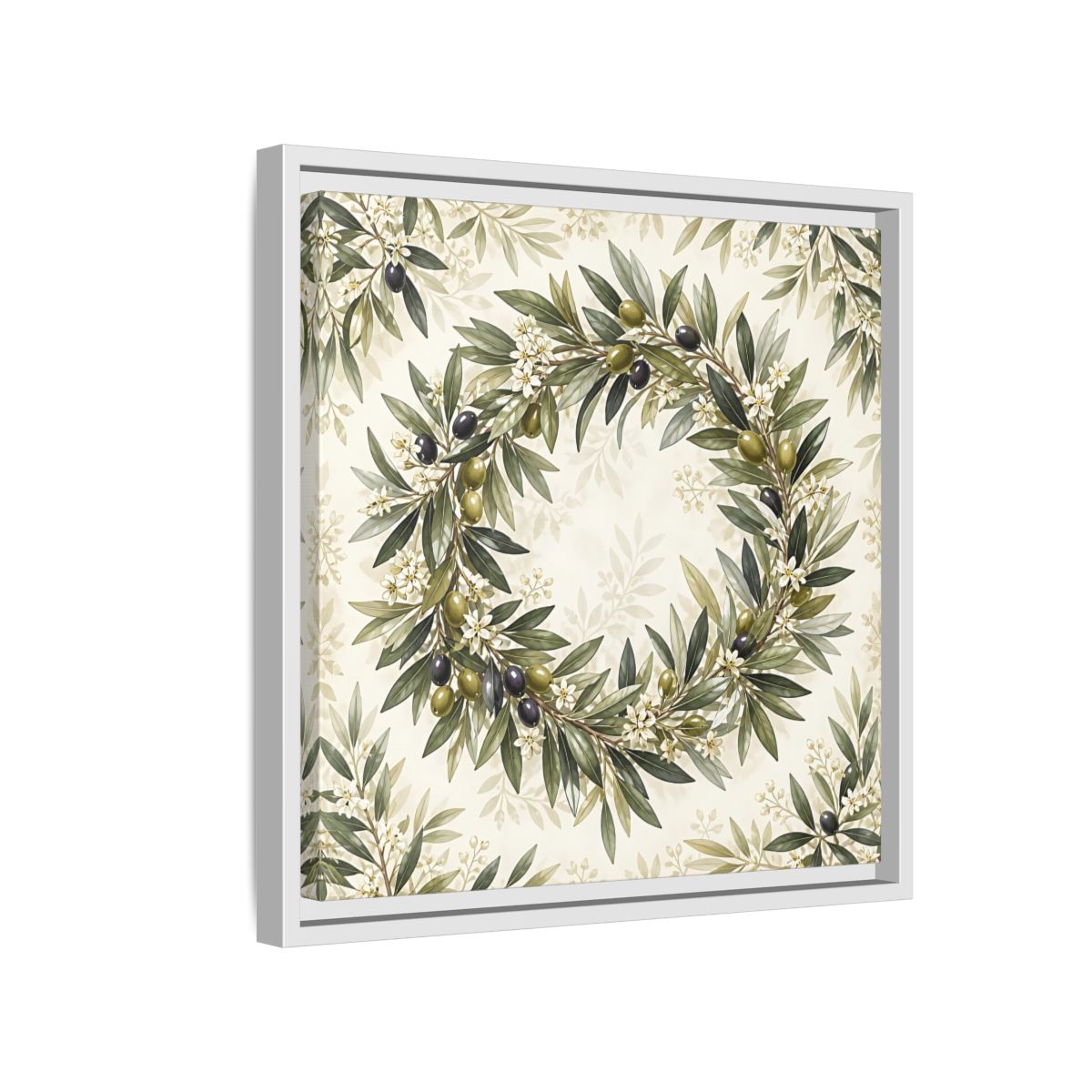 Side Mockup 13. Heavy Structured Texture Olive Leaves With Tiny White Flowers shown as stretched canvas wall art