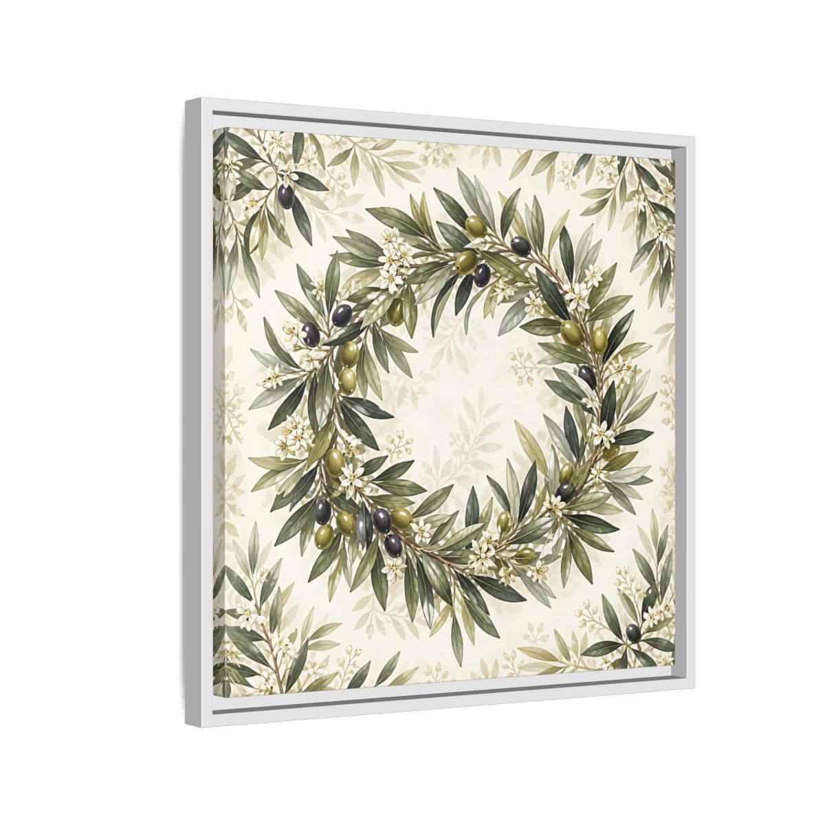 Side Mockup 10. Heavy Structured Texture Olive Leaves With Tiny White Flowers shown as stretched canvas wall art