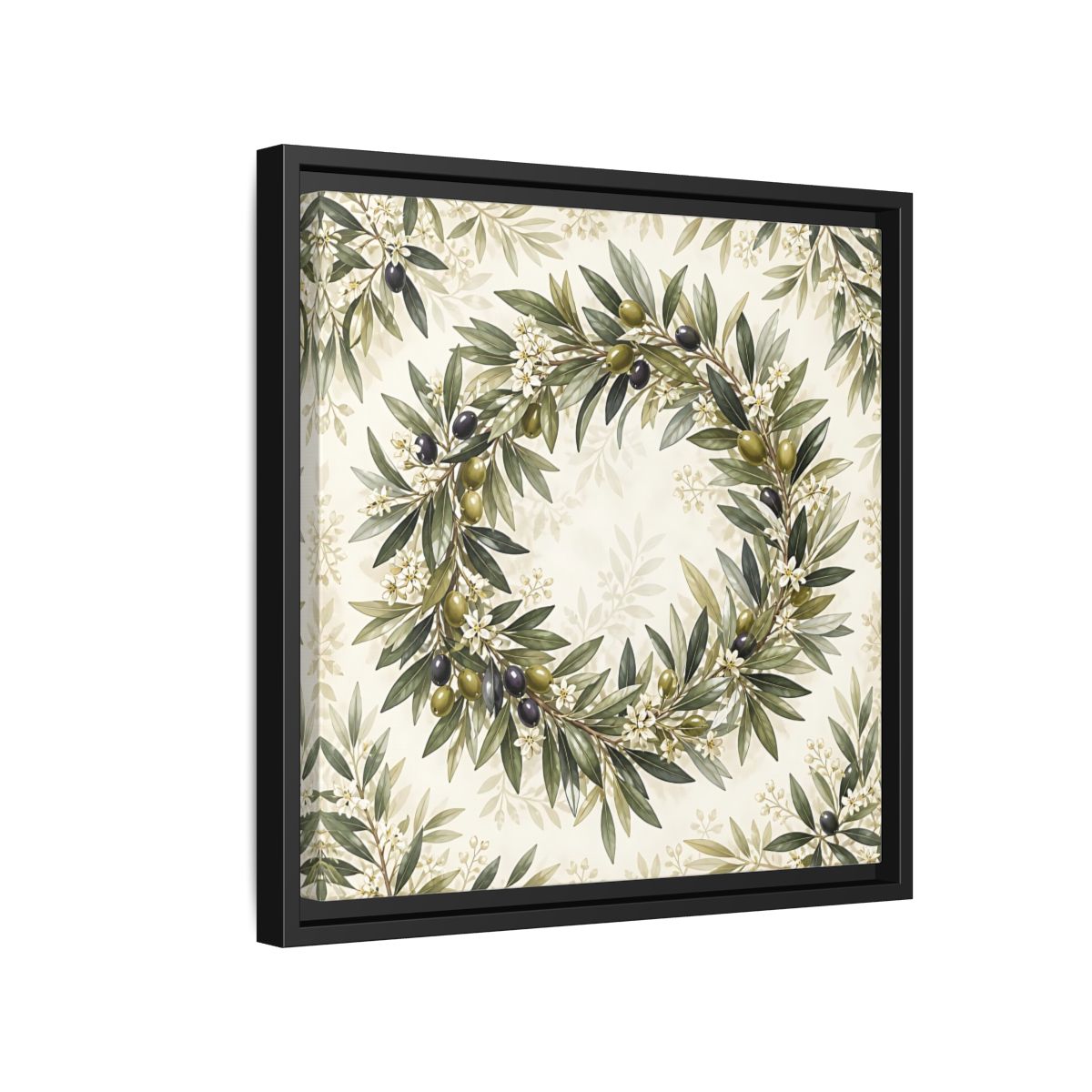 Side Mockup 15. Heavy Structured Texture Olive Leaves With Tiny White Flowers shown as stretched canvas wall art