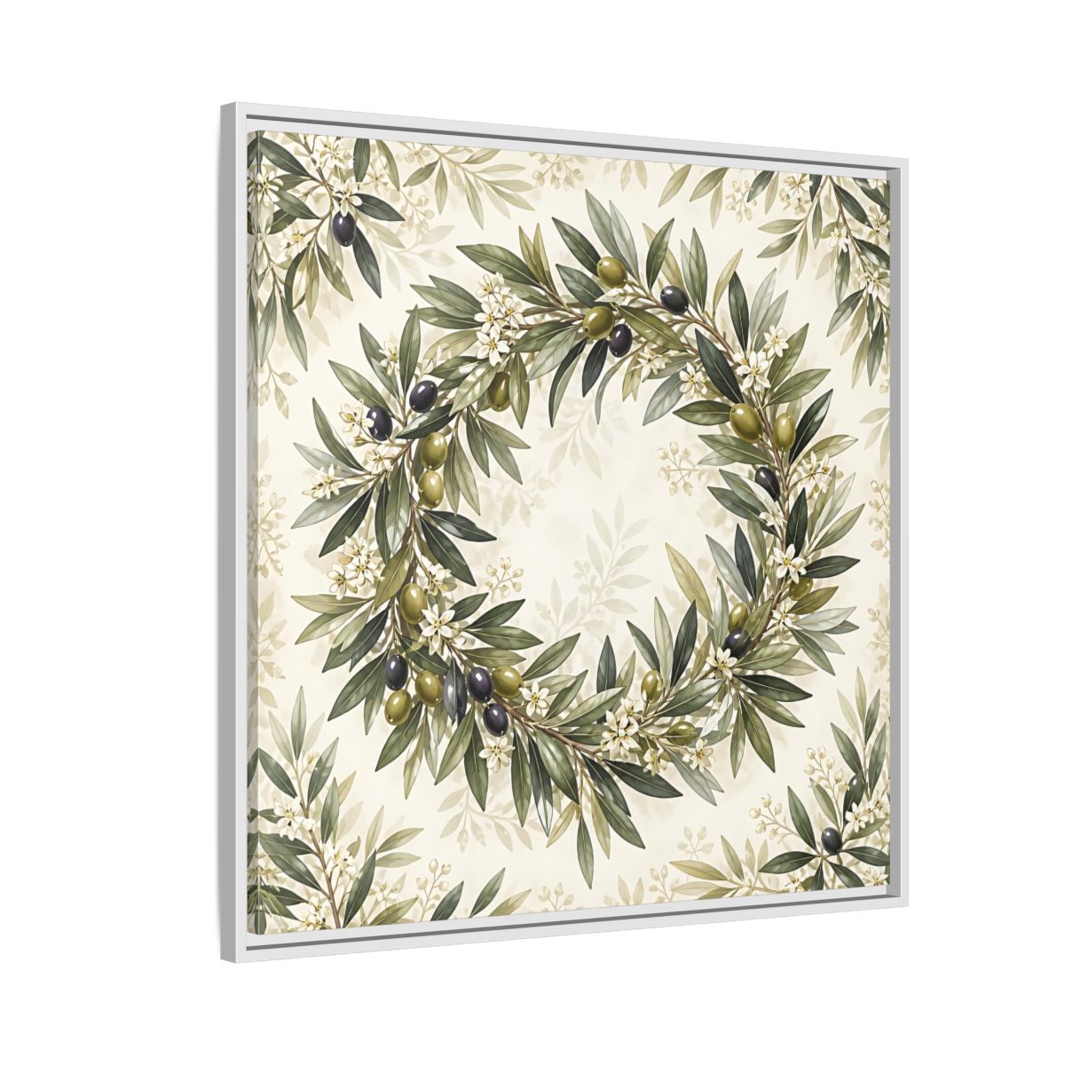 Side Mockup 7. Heavy Structured Texture Olive Leaves With Tiny White Flowers shown as stretched canvas wall art