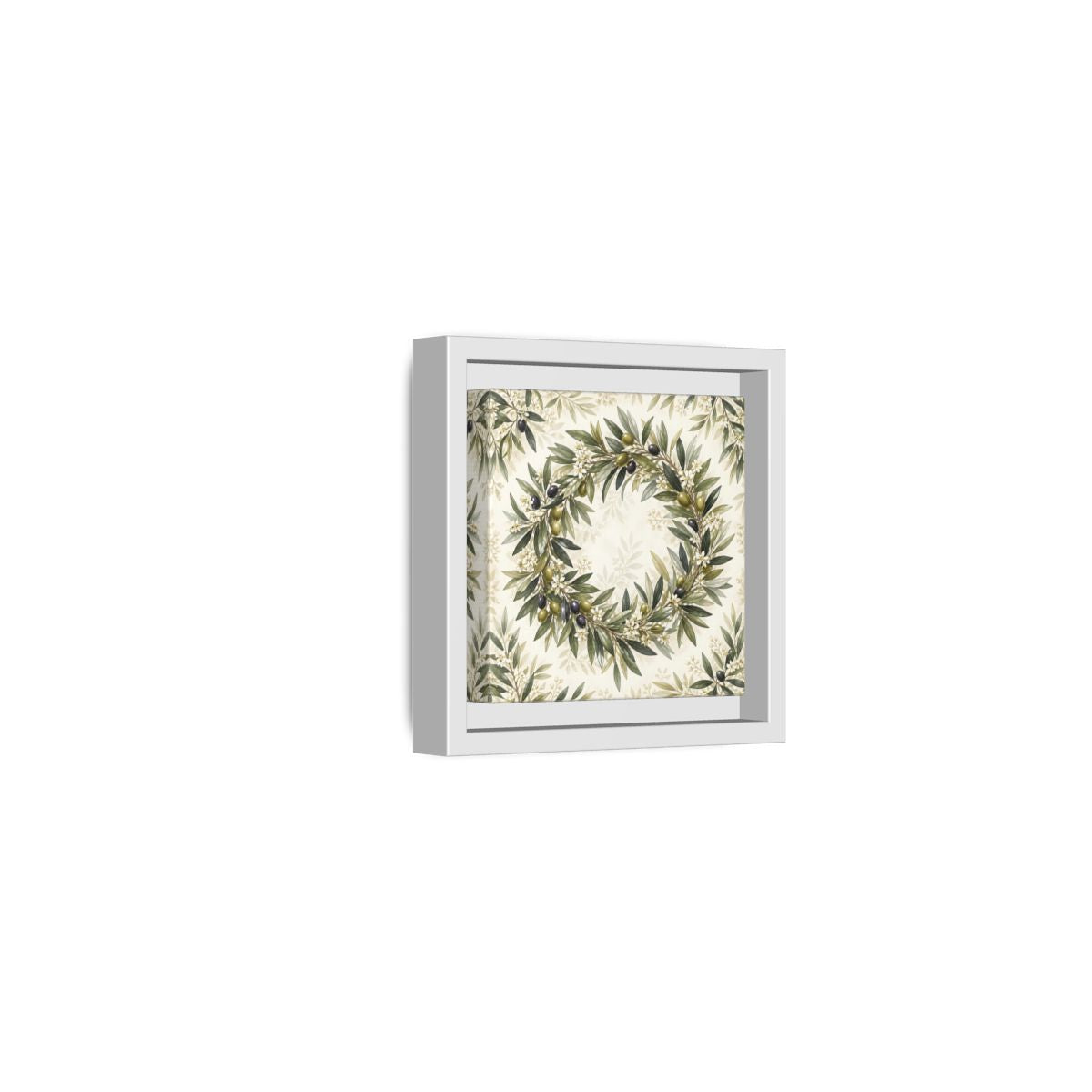 Side Mockup 22. Heavy Structured Texture Olive Leaves With Tiny White Flowers shown as stretched canvas wall art