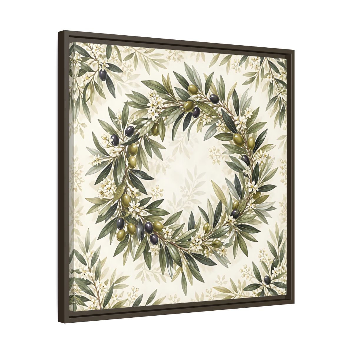 Side Mockup 27. Heavy Structured Texture Olive Leaves With Tiny White Flowers shown as stretched canvas wall art