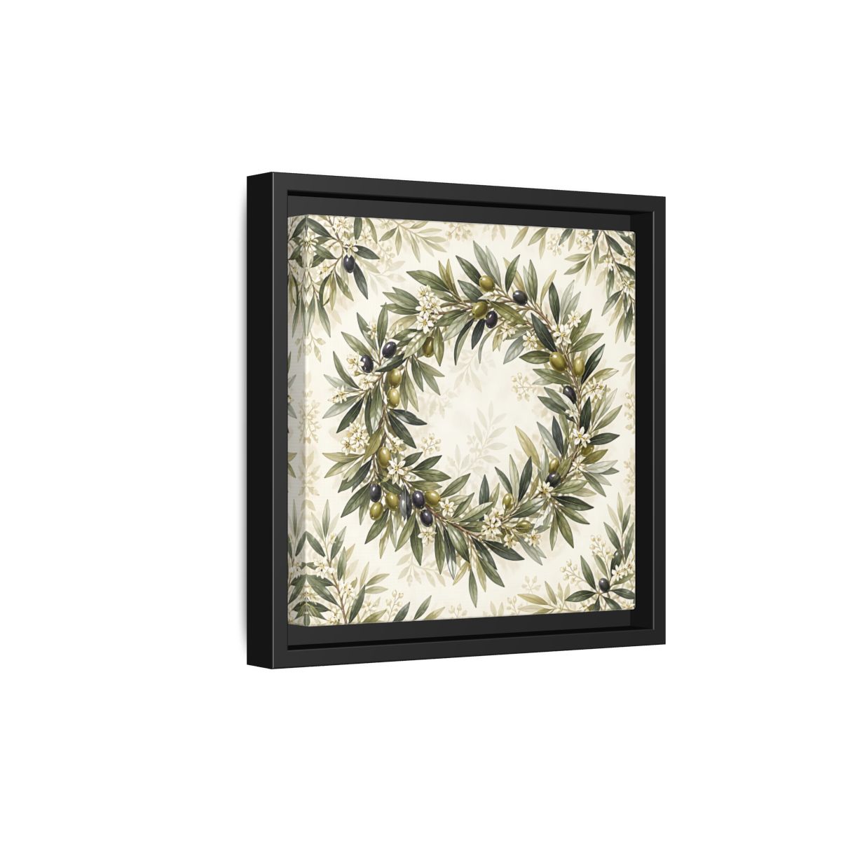 Side Mockup 21. Heavy Structured Texture Olive Leaves With Tiny White Flowers shown as stretched canvas wall art