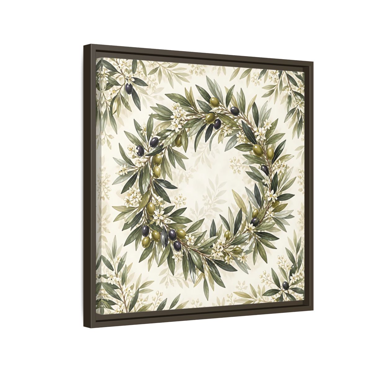 Side Mockup 11. Heavy Structured Texture Olive Leaves With Tiny White Flowers shown as stretched canvas wall art