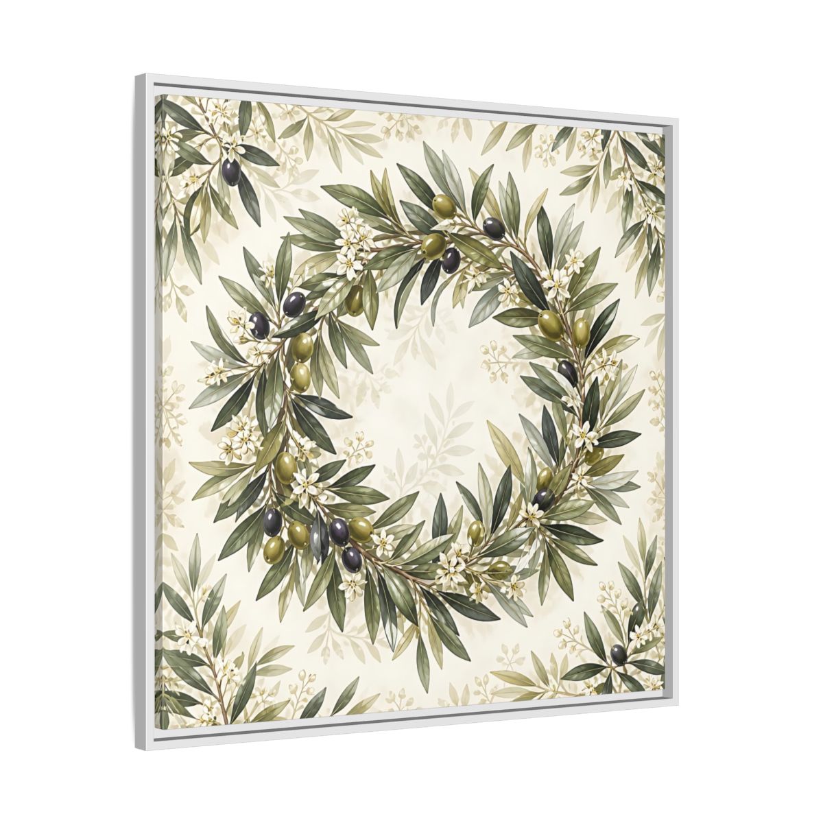 Side Mockup 25. Heavy Structured Texture Olive Leaves With Tiny White Flowers shown as stretched canvas wall art