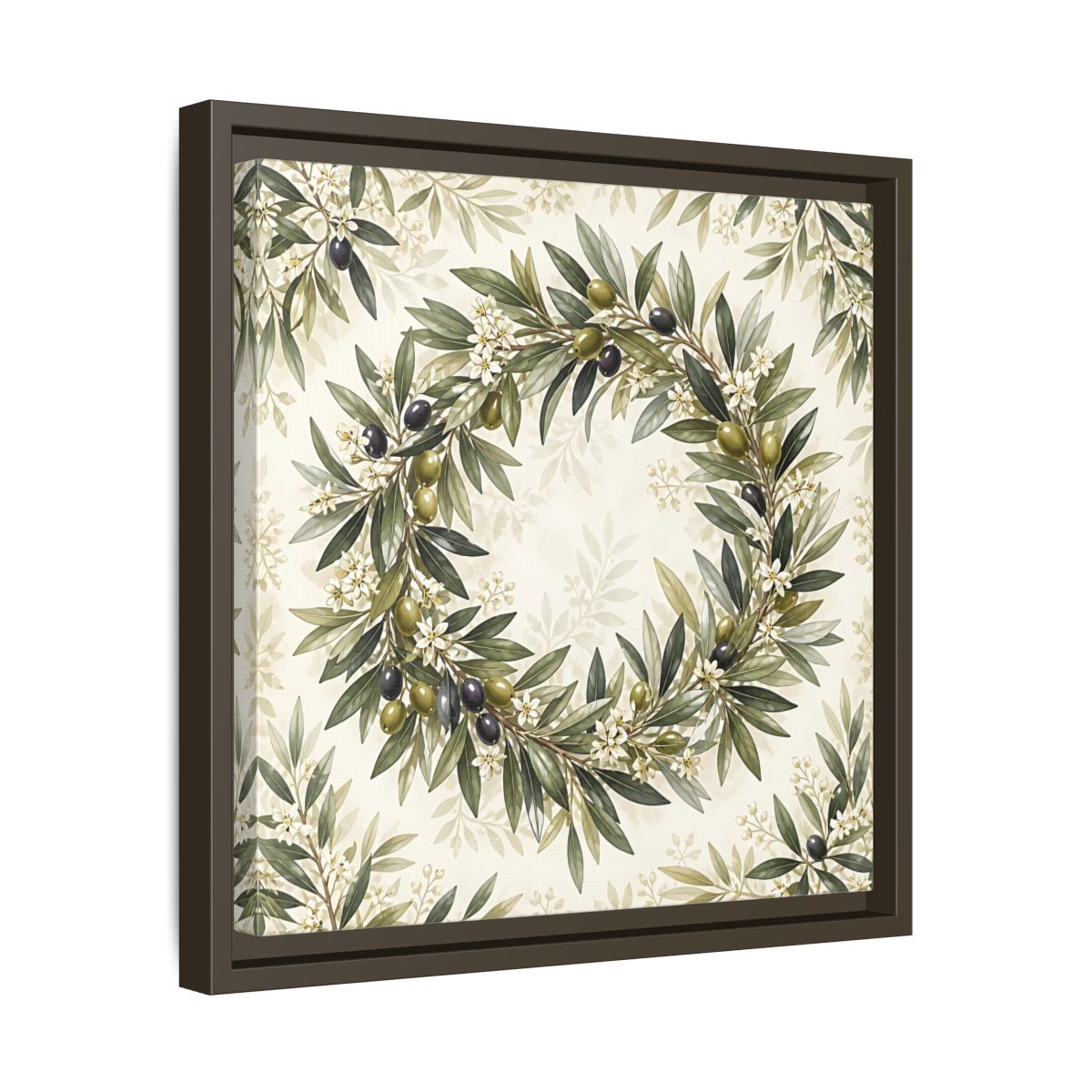 Side Mockup 29. Heavy Structured Texture Olive Leaves With Tiny White Flowers shown as stretched canvas wall art