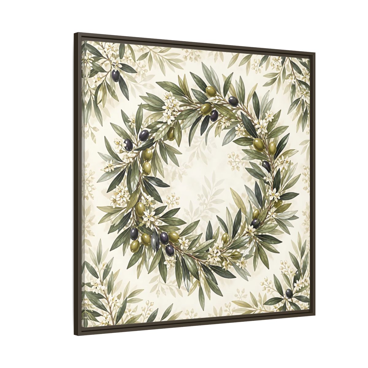 Side Mockup 5. Heavy Structured Texture Olive Leaves With Tiny White Flowers shown as stretched canvas wall art