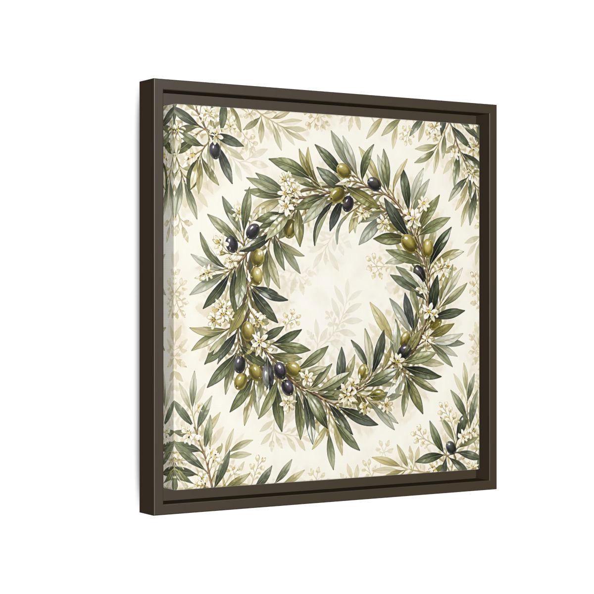 Side Mockup 14. Heavy Structured Texture Olive Leaves With Tiny White Flowers shown as stretched canvas wall art