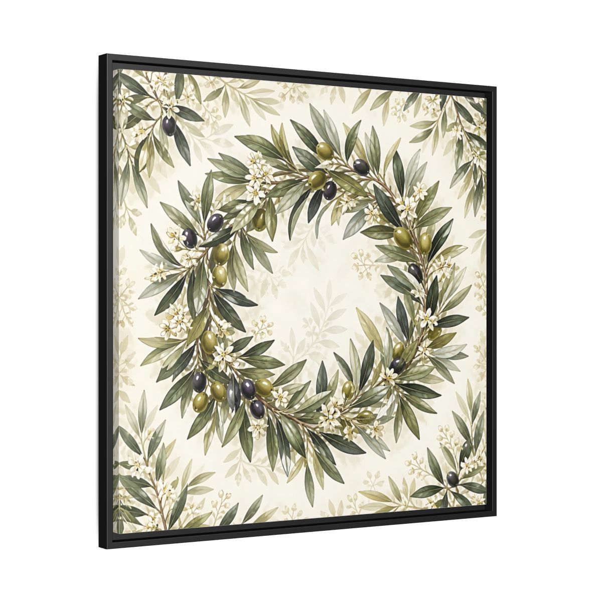 Side Mockup 30. Heavy Structured Texture Olive Leaves With Tiny White Flowers shown as stretched canvas wall art