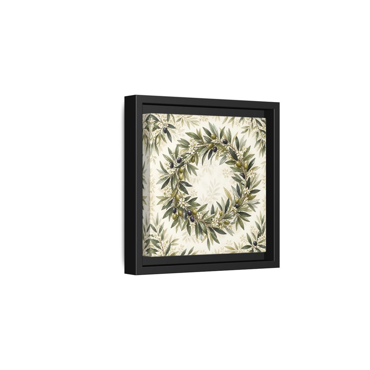 Side Mockup 3. Heavy Structured Texture Olive Leaves With Tiny White Flowers shown as stretched canvas wall art