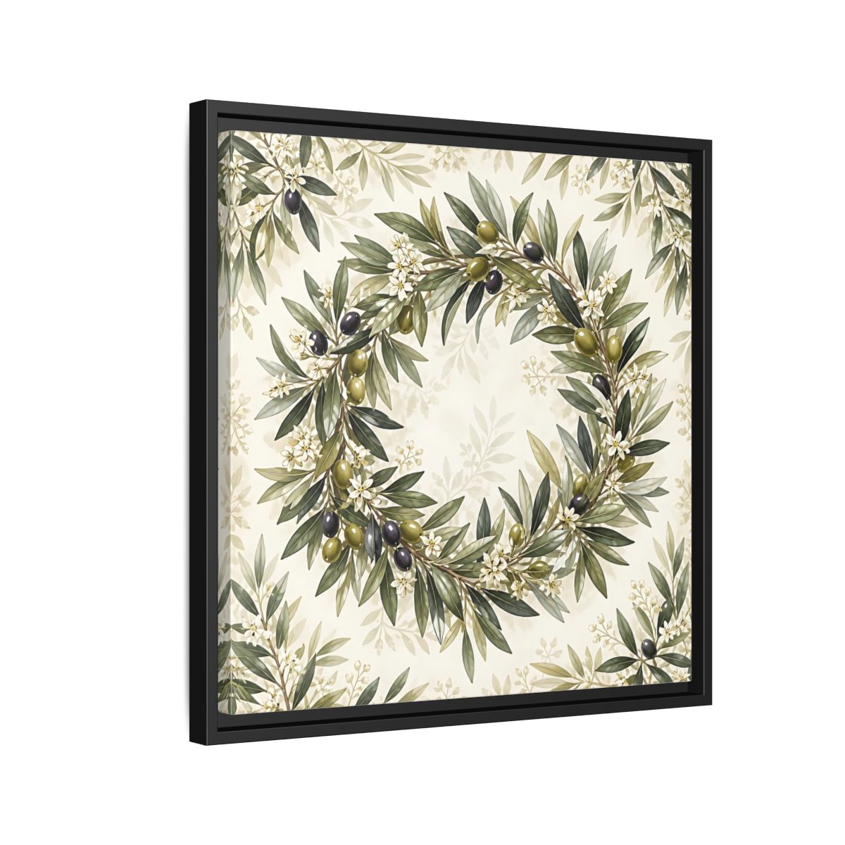 Side Mockup 12. Heavy Structured Texture Olive Leaves With Tiny White Flowers shown as stretched canvas wall art