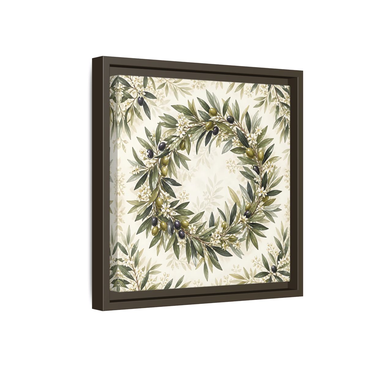 Side Mockup 17. Heavy Structured Texture Olive Leaves With Tiny White Flowers shown as stretched canvas wall art