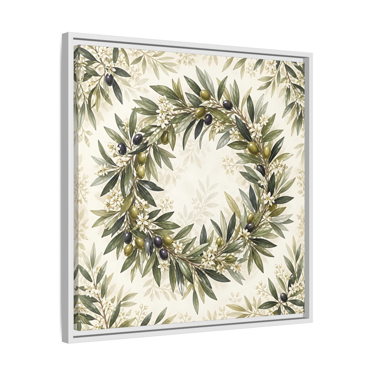 Side Mockup 26. Heavy Structured Texture Olive Leaves With Tiny White Flowers shown as stretched canvas wall art