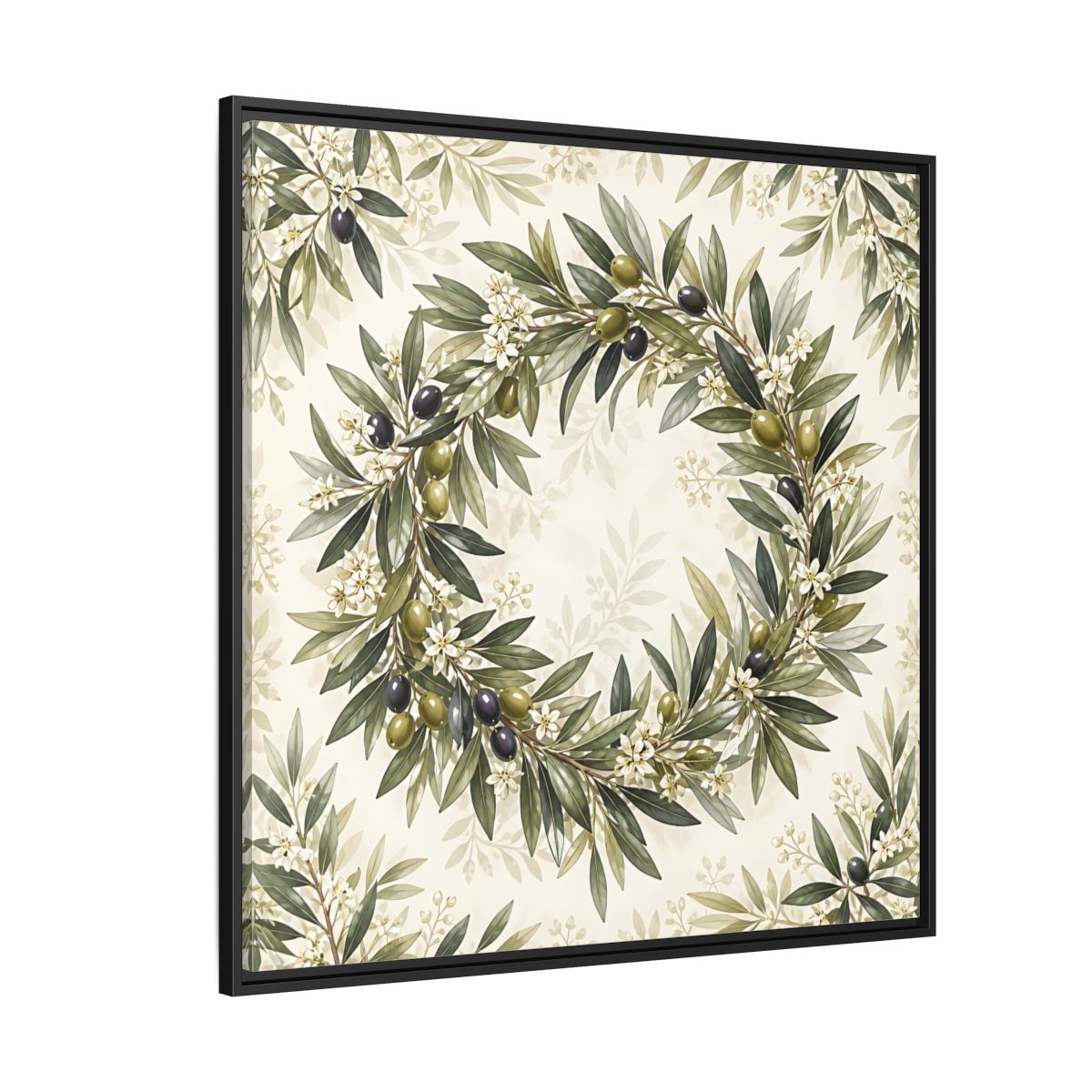 Side Mockup 6. Heavy Structured Texture Olive Leaves With Tiny White Flowers shown as stretched canvas wall art