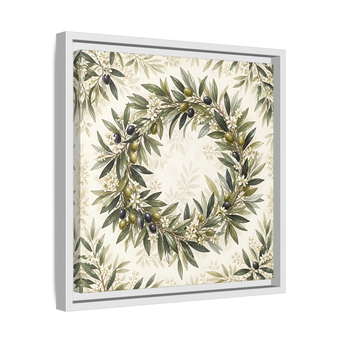Side Mockup 28. Heavy Structured Texture Olive Leaves With Tiny White Flowers shown as stretched canvas wall art