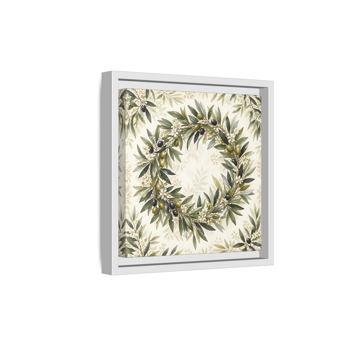 Side Mockup 19. Heavy Structured Texture Olive Leaves With Tiny White Flowers shown as stretched canvas wall art