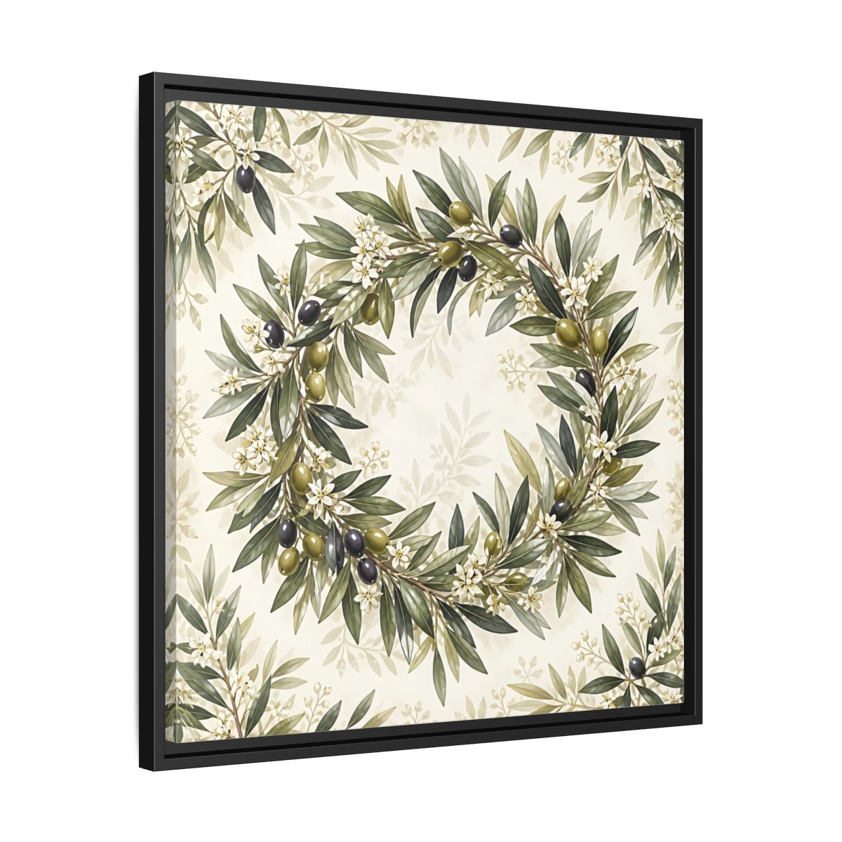 Side Mockup 31. Heavy Structured Texture Olive Leaves With Tiny White Flowers shown as stretched canvas wall art