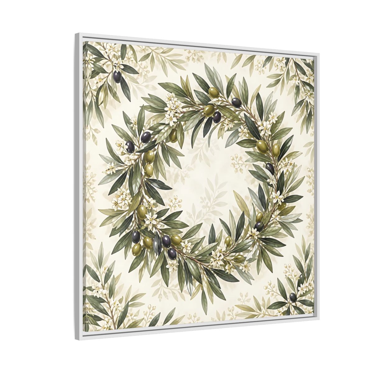 Side Mockup 4. Heavy Structured Texture Olive Leaves With Tiny White Flowers shown as stretched canvas wall art