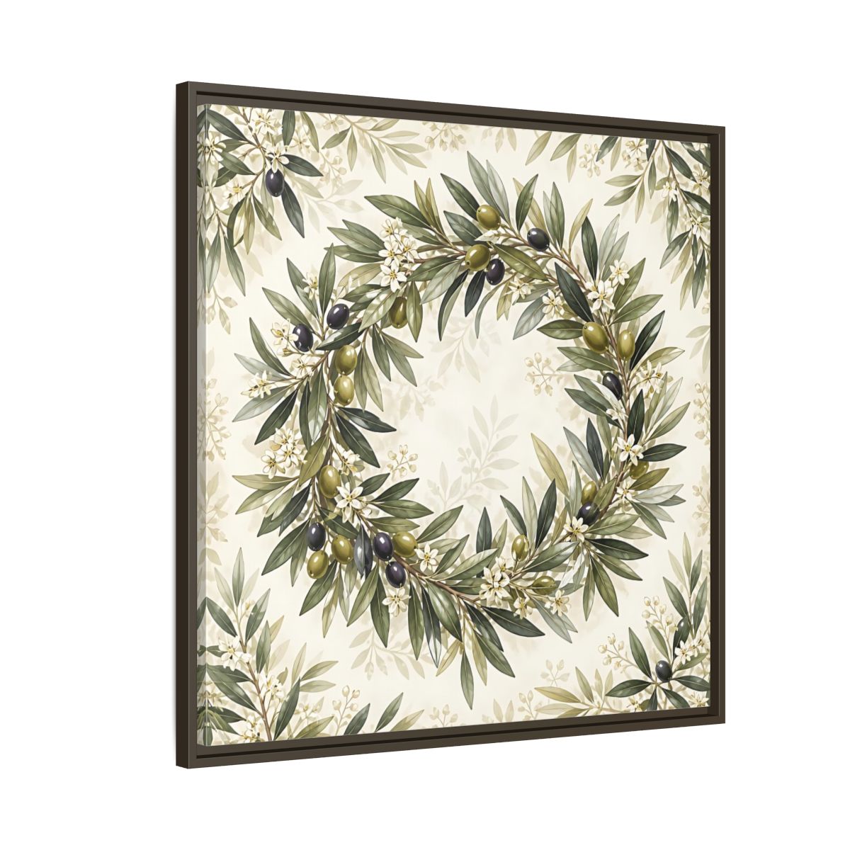 Side Mockup 8. Heavy Structured Texture Olive Leaves With Tiny White Flowers shown as stretched canvas wall art