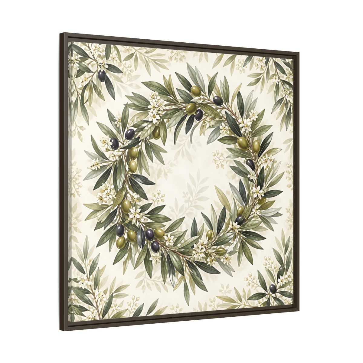 Main Mockup. Heavy Structured Texture Olive Leaves With Tiny White Flowers shown as stretched canvas wall art