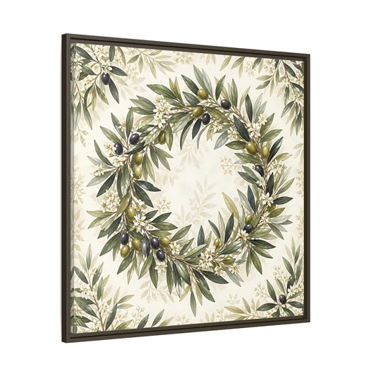 Main Mockup. Heavy Structured Texture Olive Leaves With Tiny White Flowers shown as stretched canvas wall art