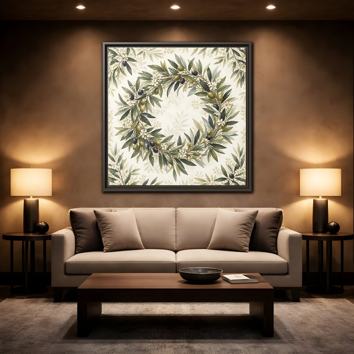 Mockup 2. Heavy Structured Texture Olive Leaves With Tiny White Flowers shown as stretched canvas wall art
