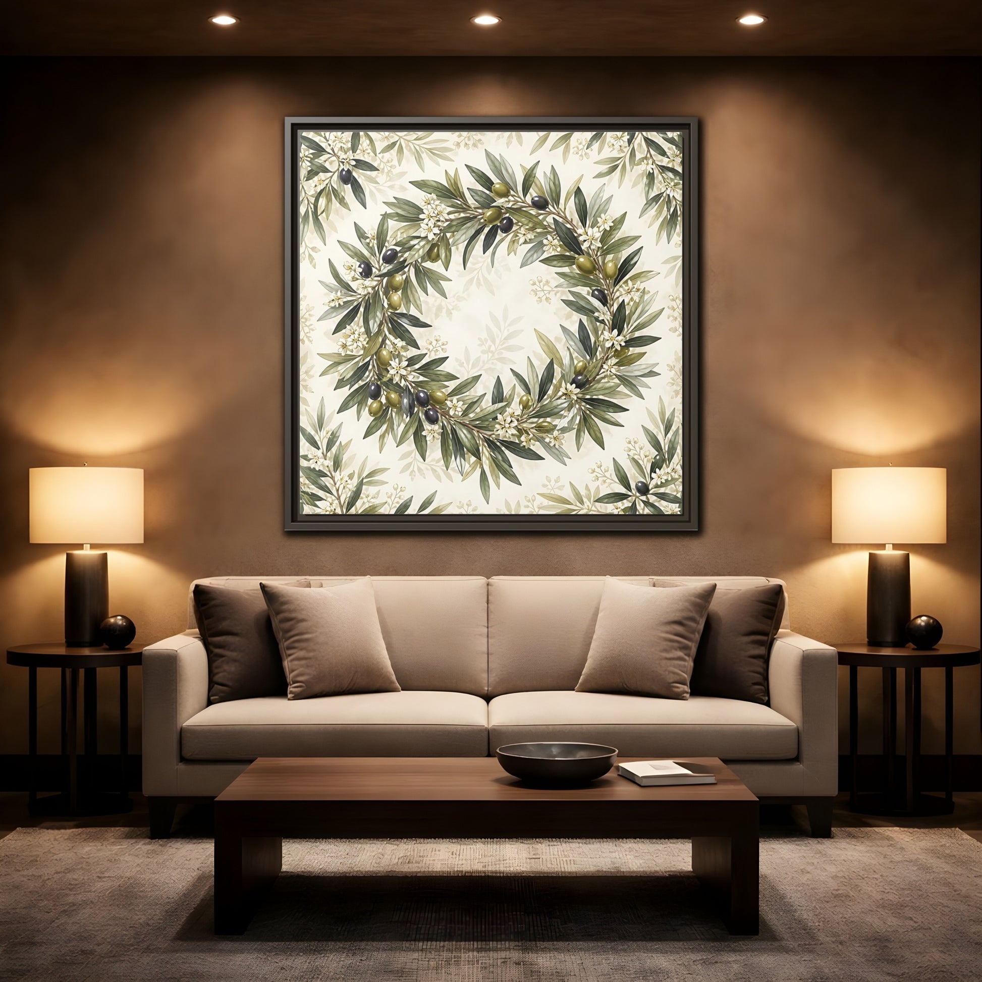 Mockup 2. Heavy Structured Texture Olive Leaves With Tiny White Flowers shown as stretched canvas wall art