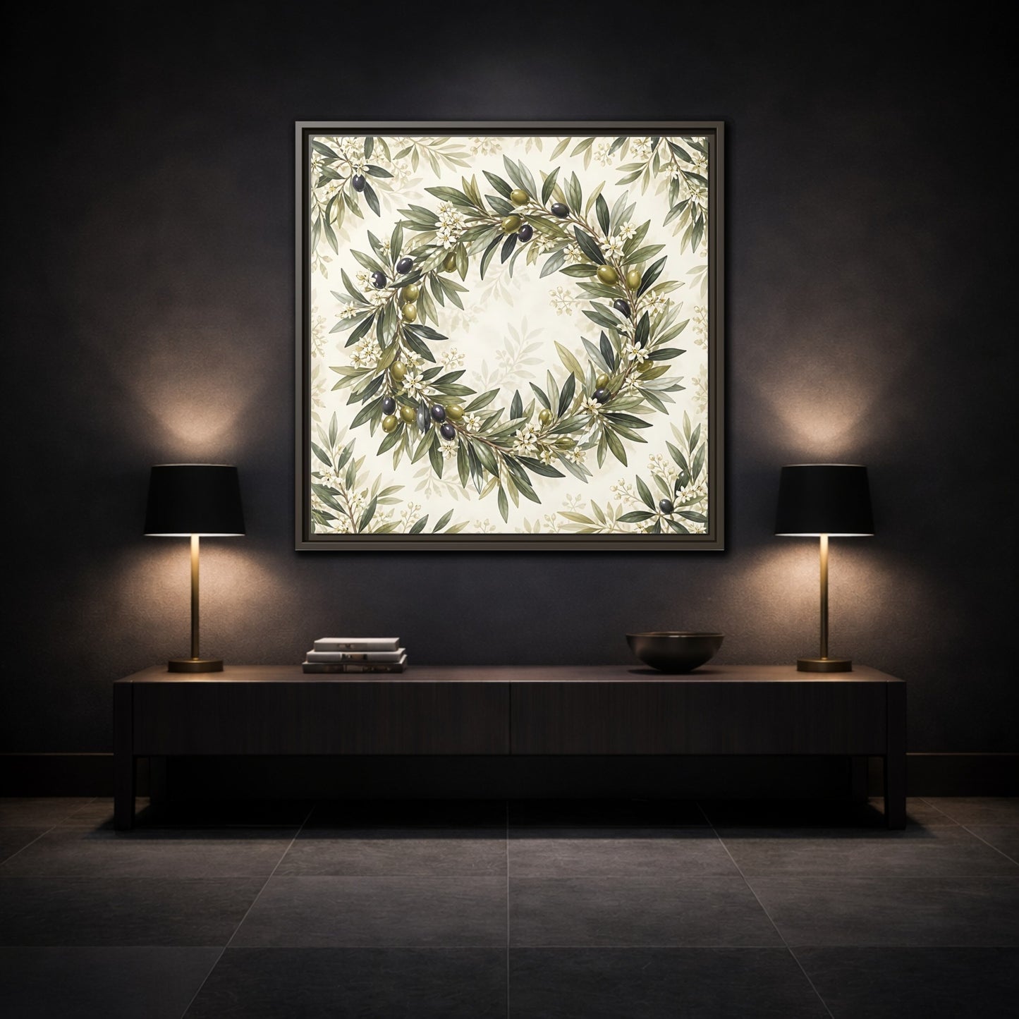 Mockup 3. Heavy Structured Texture Olive Leaves With Tiny White Flowers shown as stretched canvas wall art