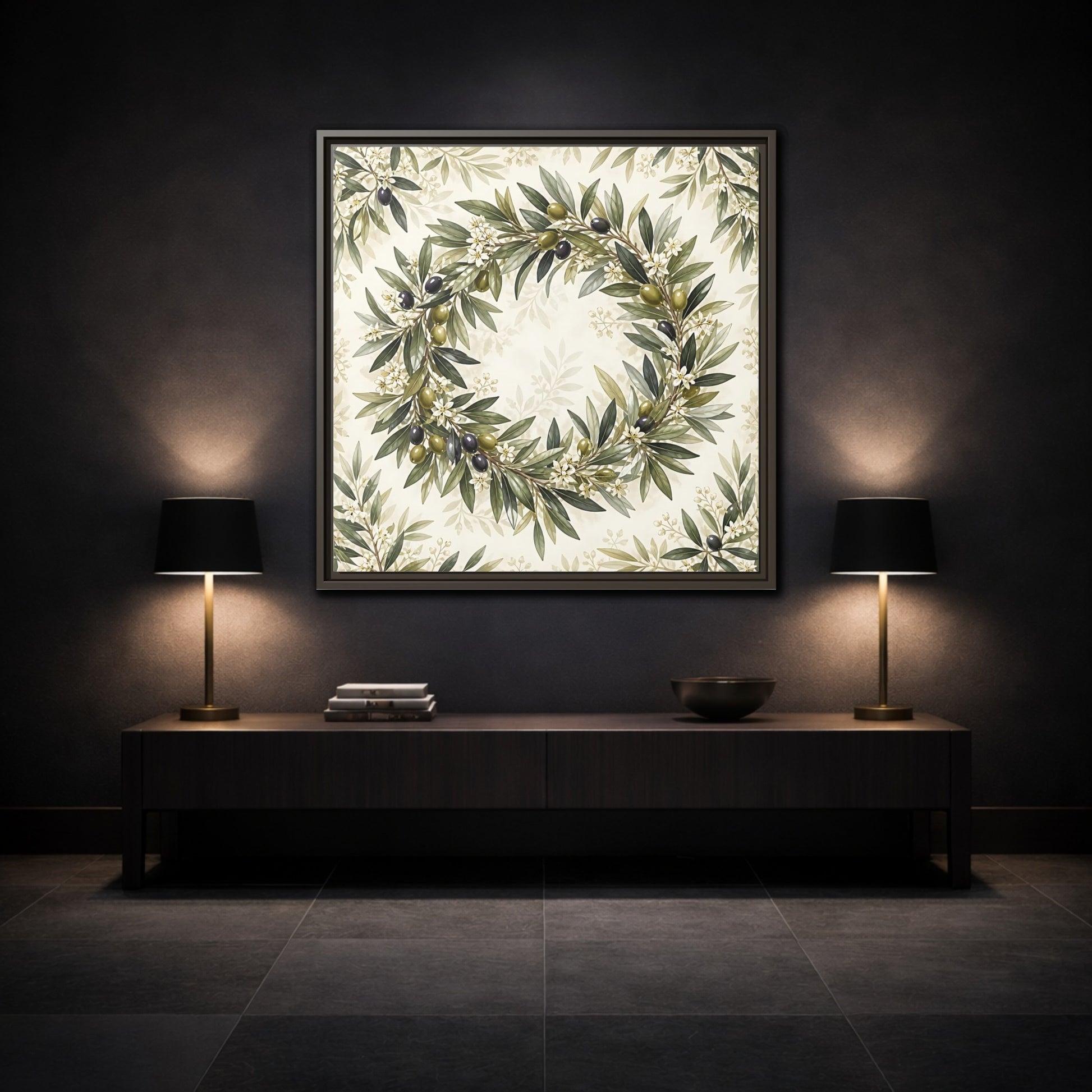 Mockup 3. Heavy Structured Texture Olive Leaves With Tiny White Flowers shown as stretched canvas wall art