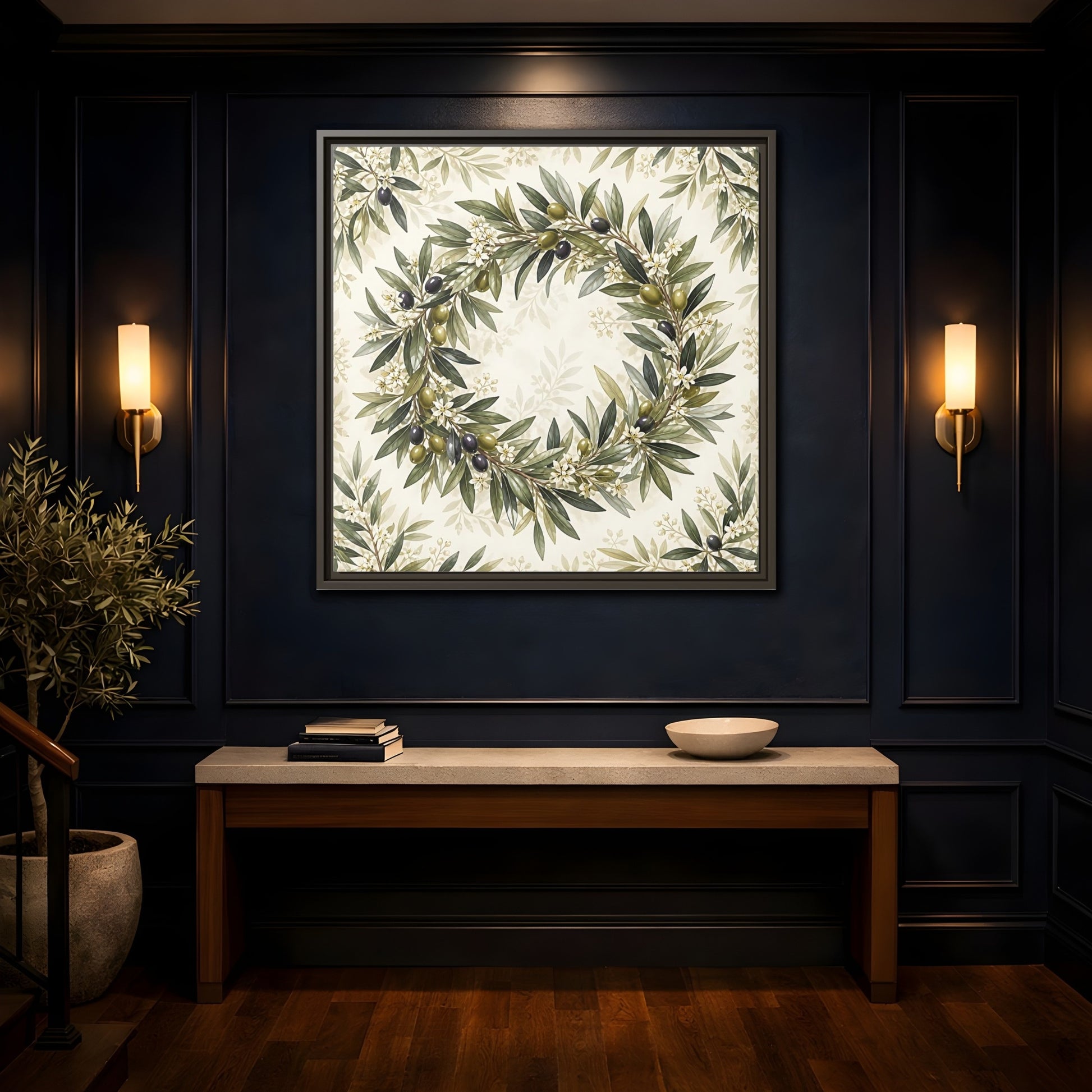 Mockup 4. Heavy Structured Texture Olive Leaves With Tiny White Flowers shown as stretched canvas wall art