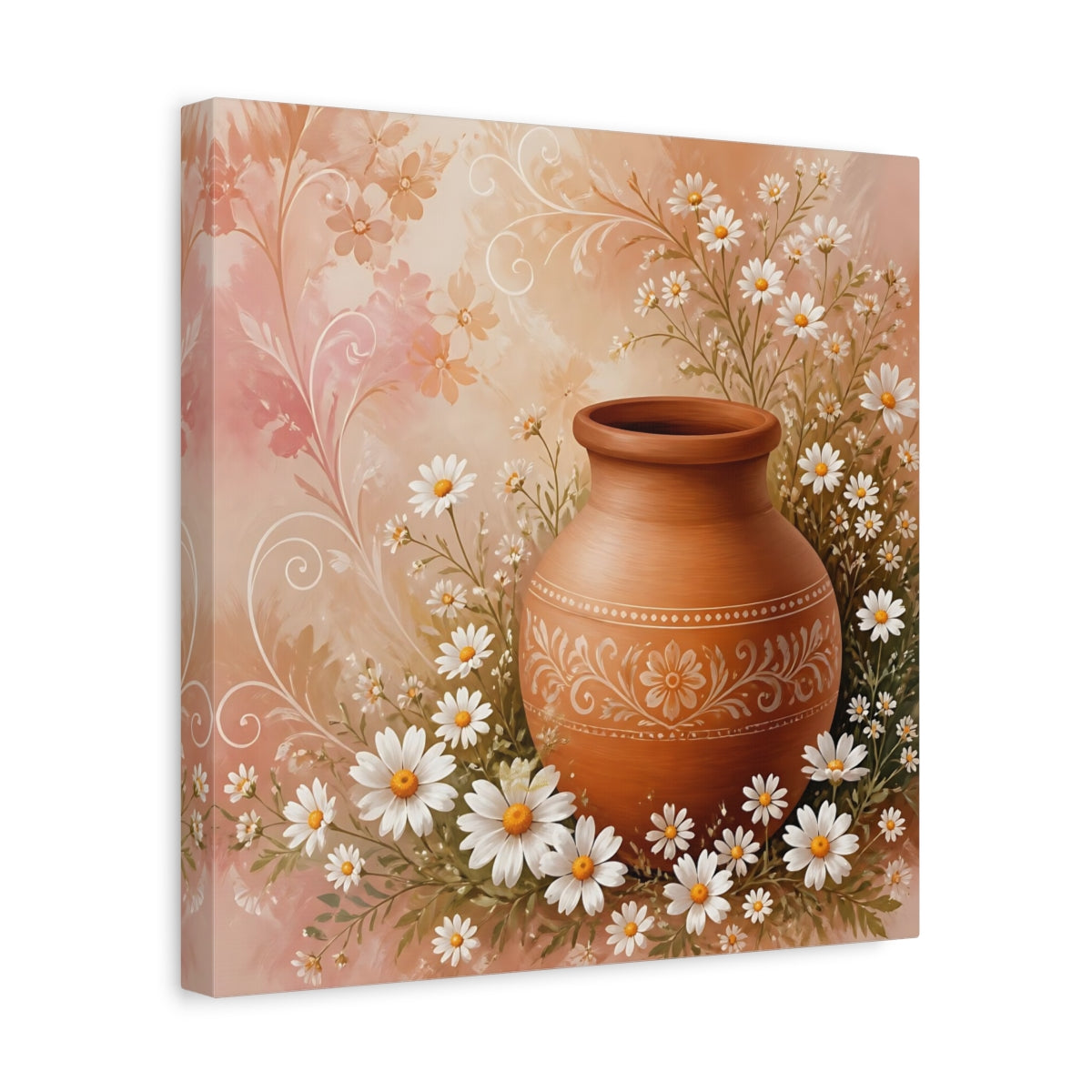 Side Mockup 7. Heavy Structured Texture Small Daisies Around Clay Pot shown as stretched canvas wall art