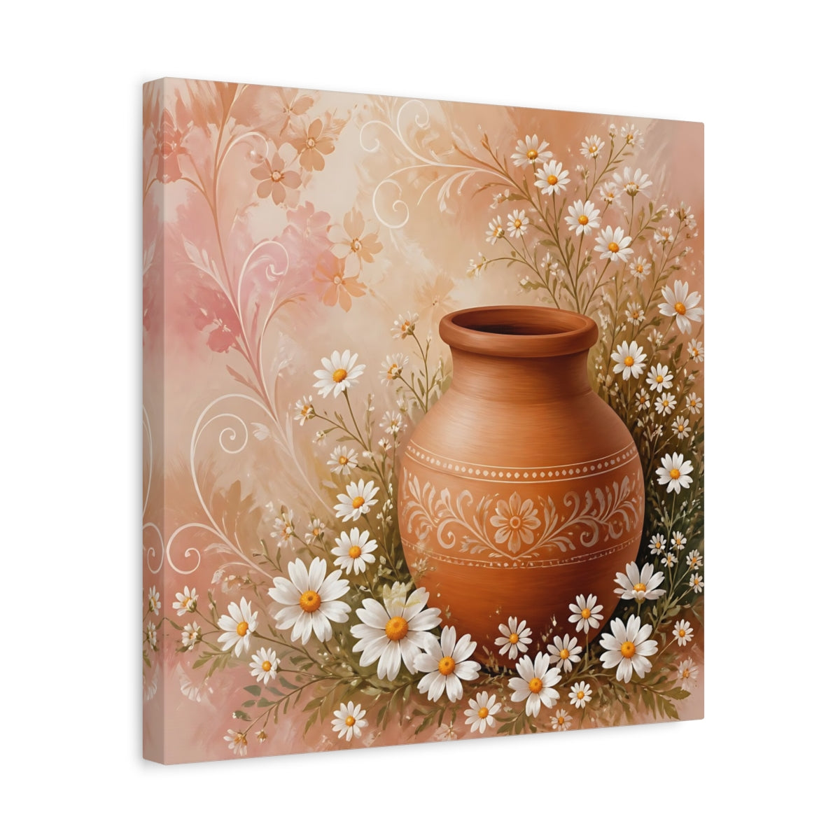 Side Mockup 6. Heavy Structured Texture Small Daisies Around Clay Pot shown as stretched canvas wall art