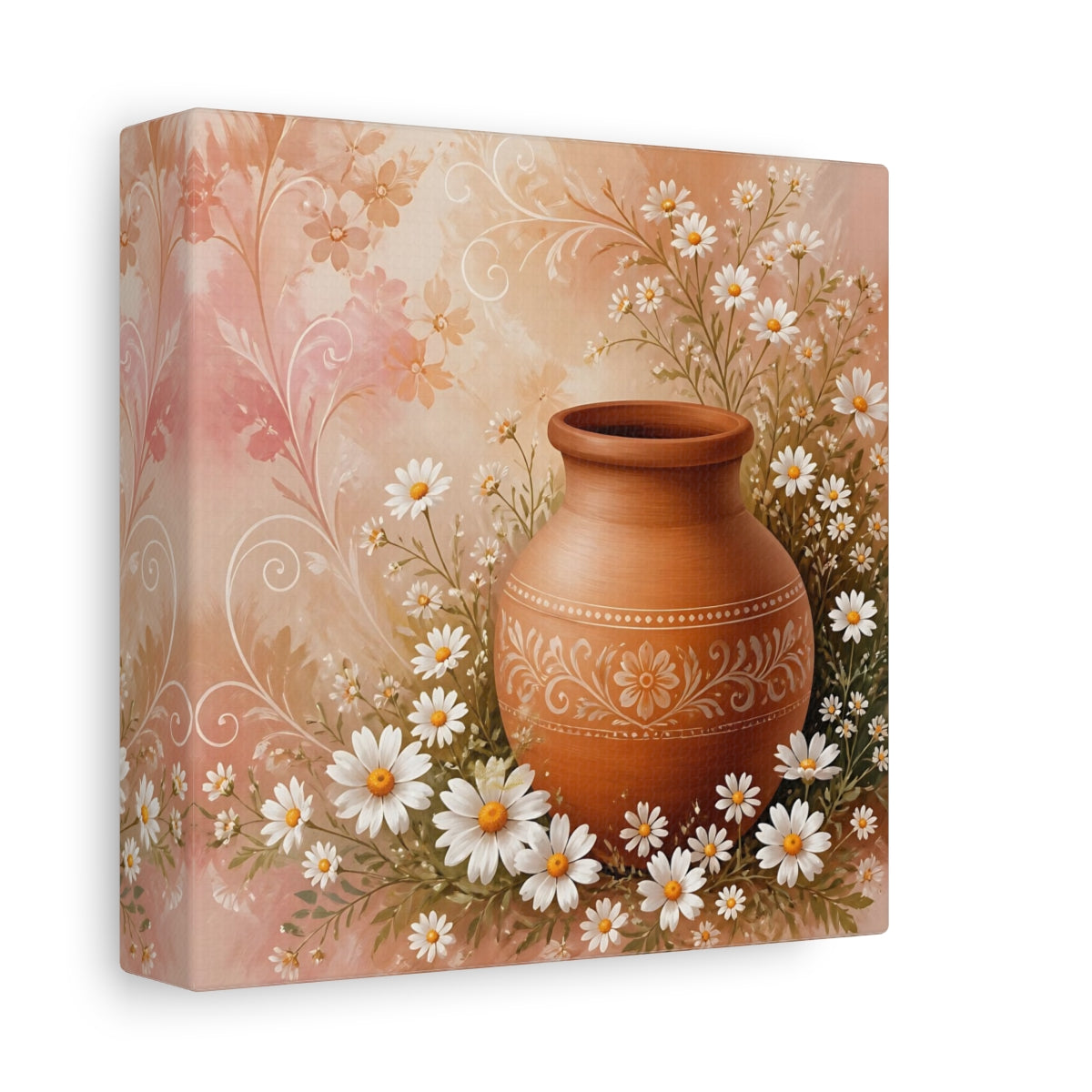 Side Mockup 2. Heavy Structured Texture Small Daisies Around Clay Pot shown as stretched canvas wall art