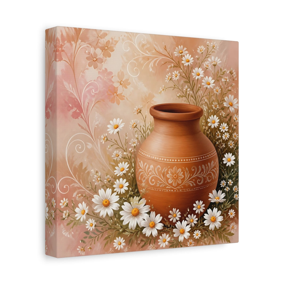 Side Mockup 9. Heavy Structured Texture Small Daisies Around Clay Pot shown as stretched canvas wall art