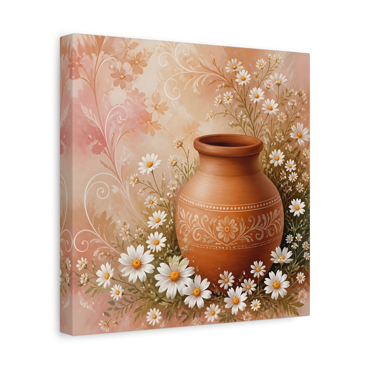 Side Mockup 8. Heavy Structured Texture Small Daisies Around Clay Pot shown as stretched canvas wall art