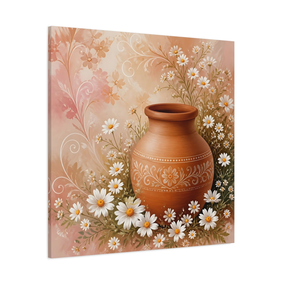 Side Mockup 1. Heavy Structured Texture Small Daisies Around Clay Pot shown as stretched canvas wall art