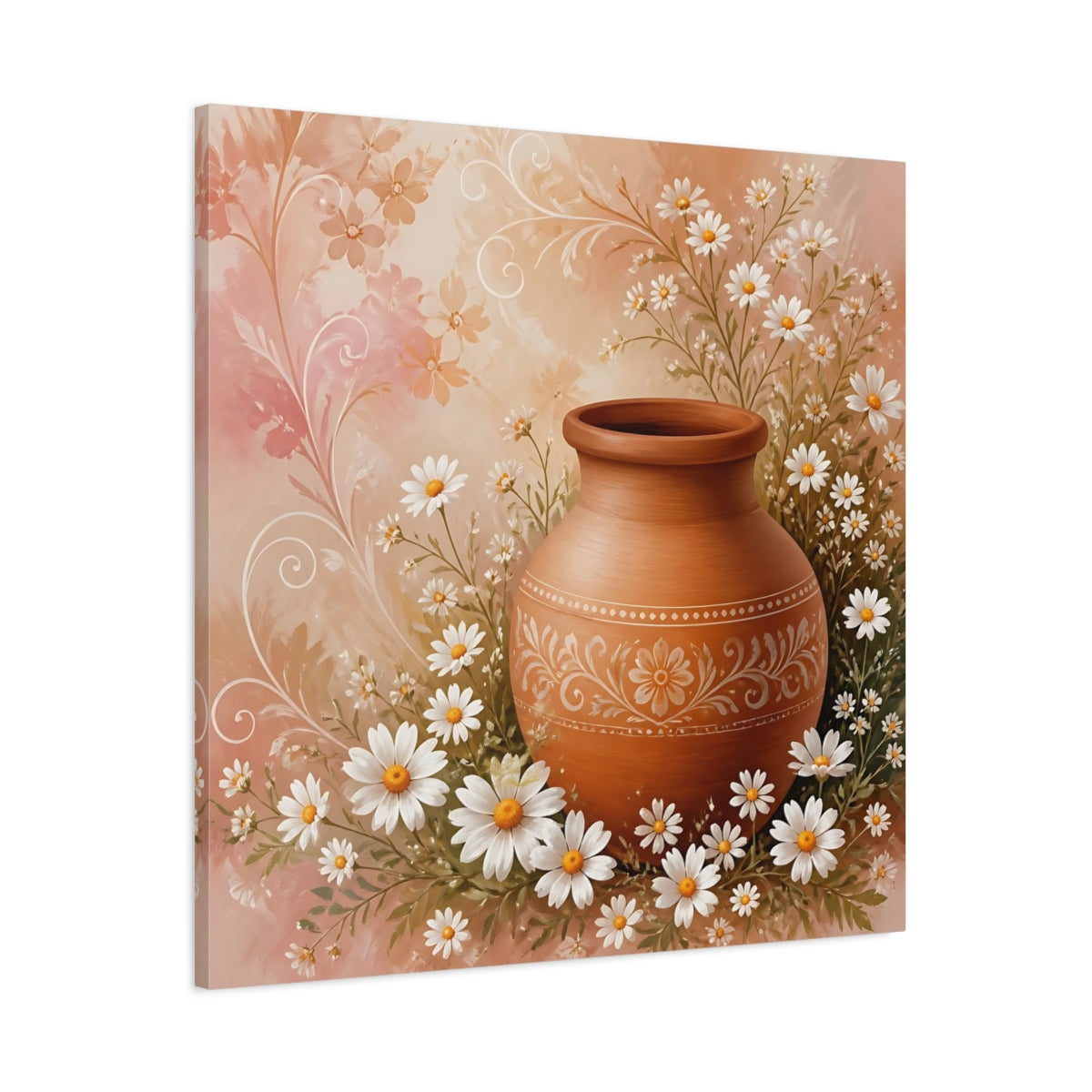 Main Mockup. Heavy Structured Texture Small Daisies Around Clay Pot shown as stretched canvas wall art