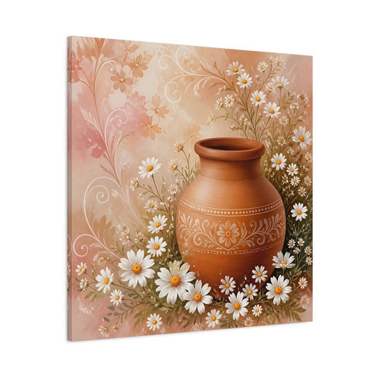 Main Mockup. Heavy Structured Texture Small Daisies Around Clay Pot shown as stretched canvas wall art
