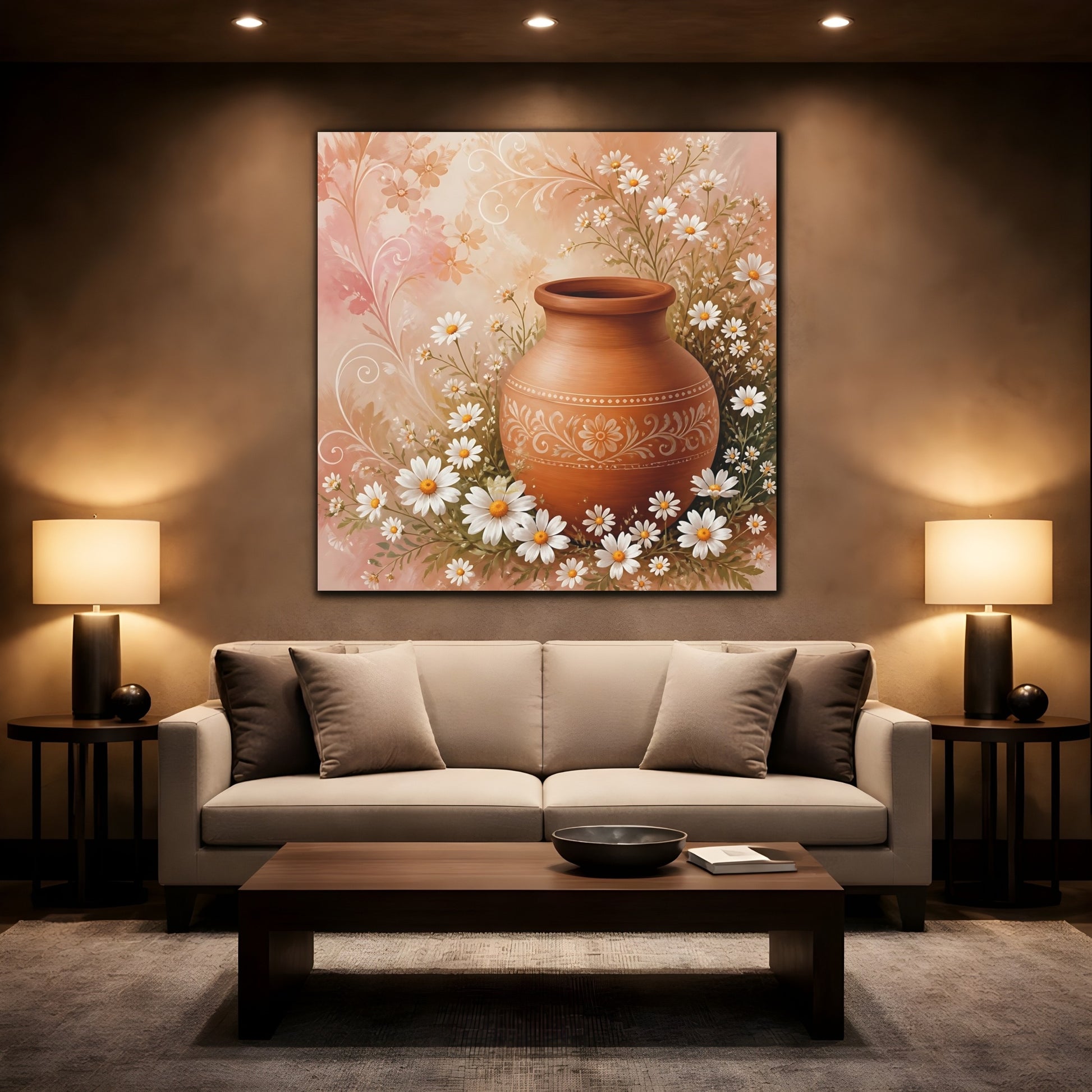 Mockup 2. Heavy Structured Texture Small Daisies Around Clay Pot shown as stretched canvas wall art