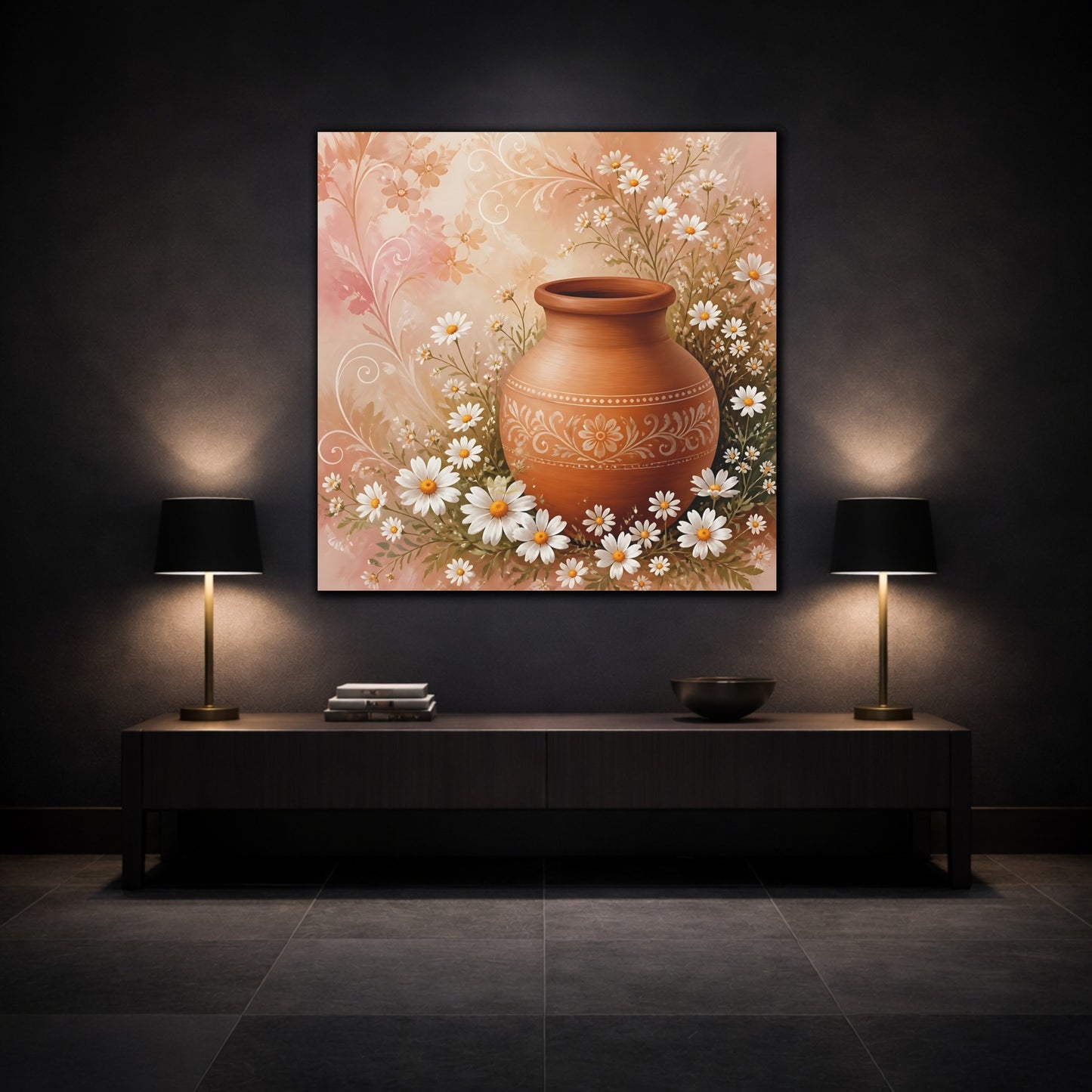 Mockup 3. Heavy Structured Texture Small Daisies Around Clay Pot shown as stretched canvas wall art