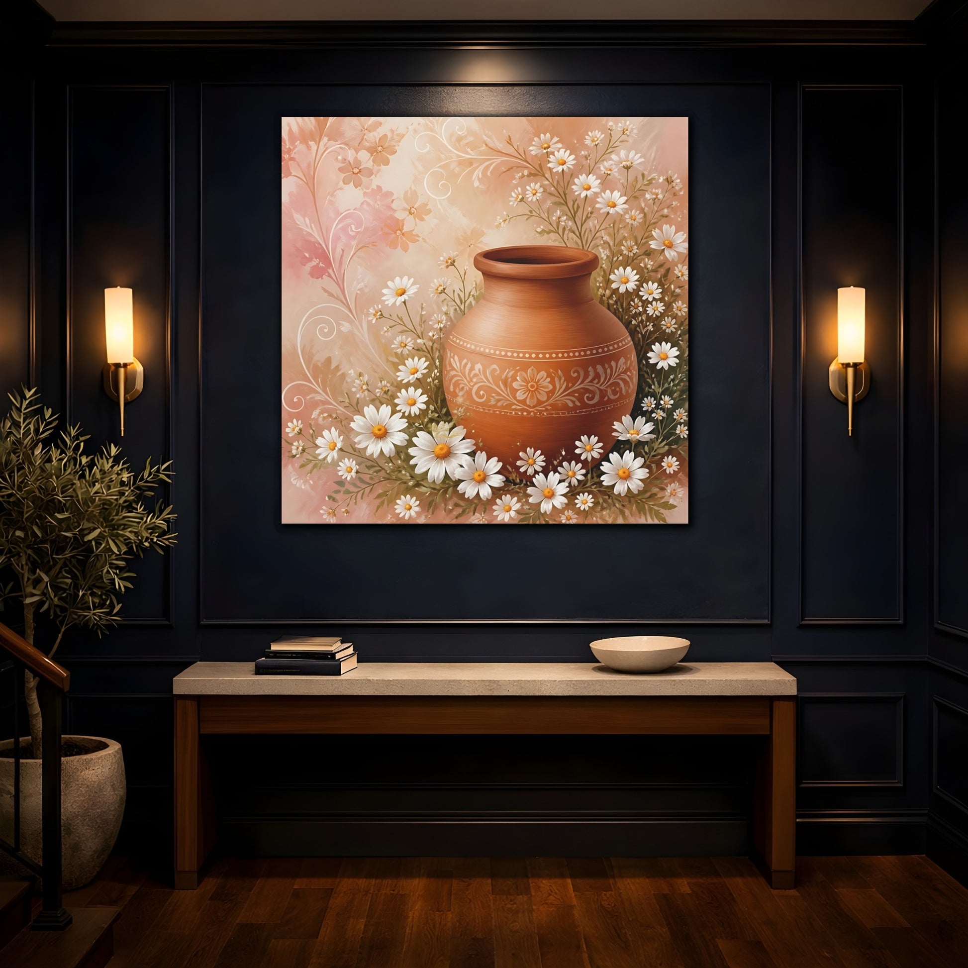 Mockup 4. Heavy Structured Texture Small Daisies Around Clay Pot shown as stretched canvas wall art
