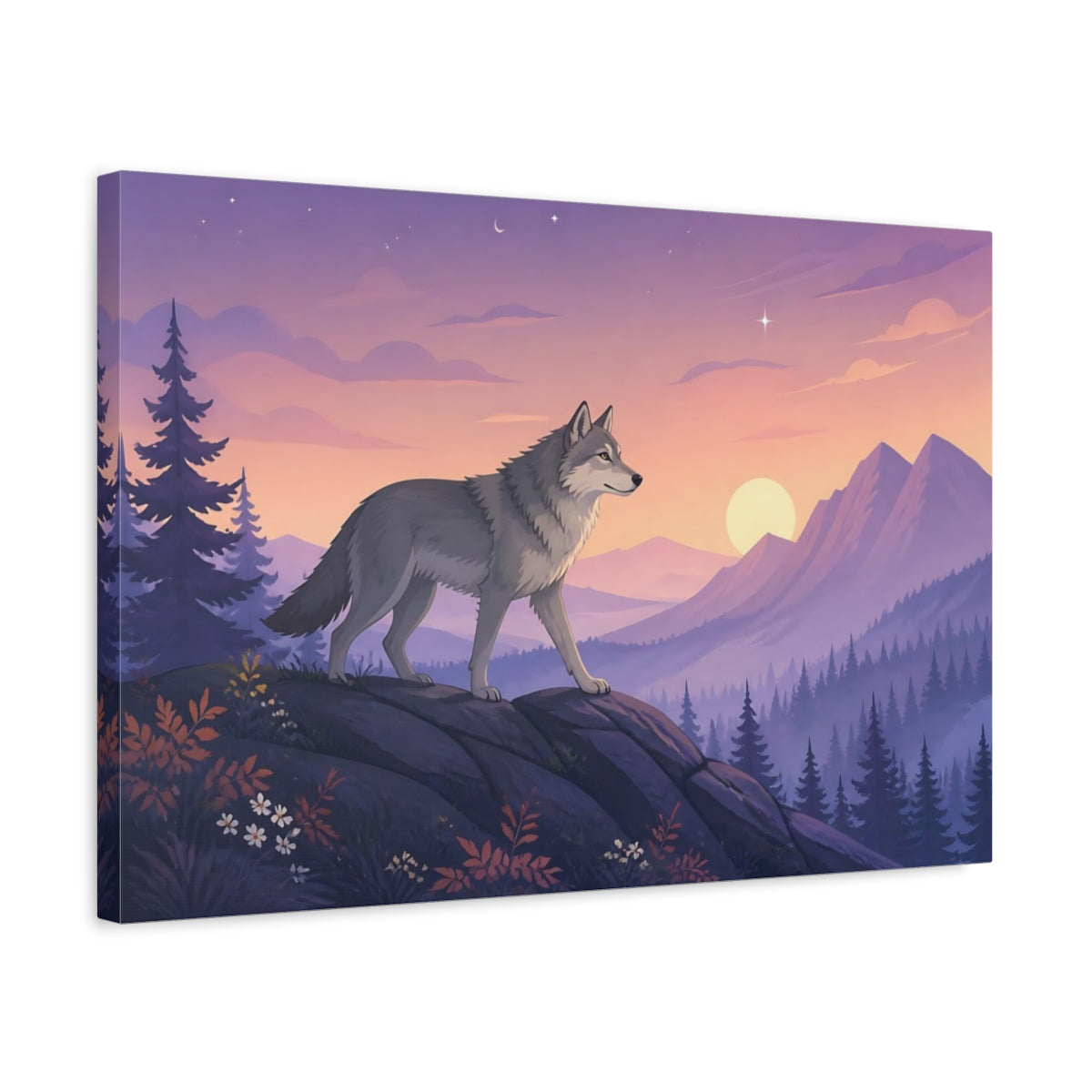 Side Mockup 3. Heavy Structured Texture Wolf Standing On Rocky Ridge In Twilight Fog shown as stretched canvas wall art