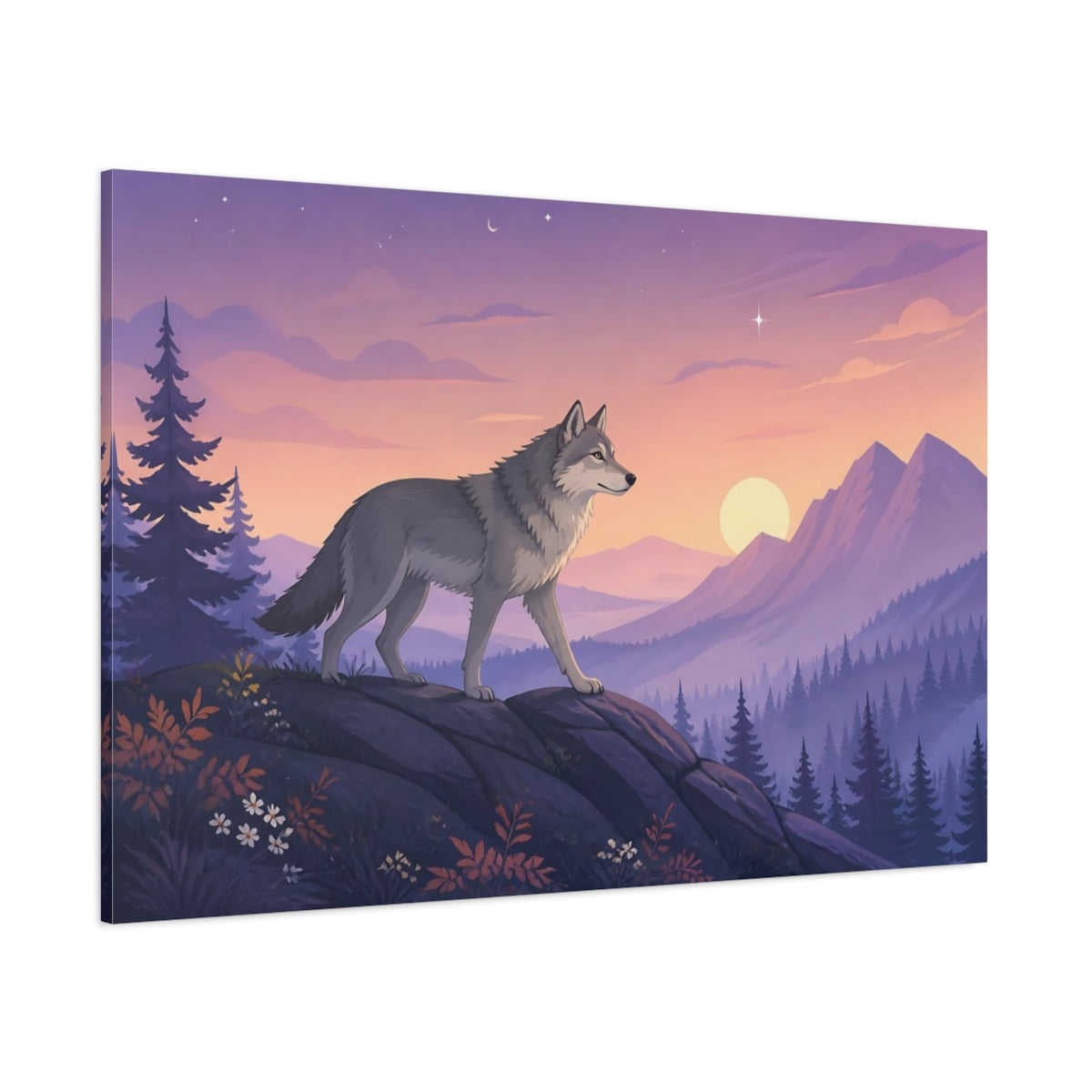 Side Mockup 1. Heavy Structured Texture Wolf Standing On Rocky Ridge In Twilight Fog shown as stretched canvas wall art