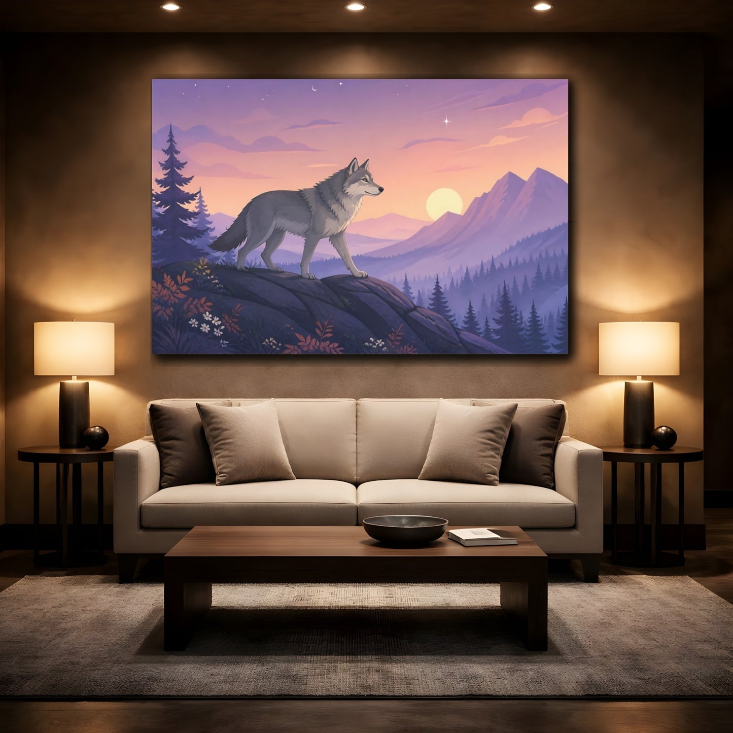 Mockup 2. Heavy Structured Texture Wolf Standing On Rocky Ridge In Twilight Fog shown as stretched canvas wall art