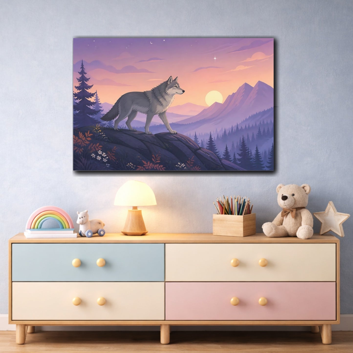 Mockup 3. Heavy Structured Texture Wolf Standing On Rocky Ridge In Twilight Fog shown as stretched canvas wall art