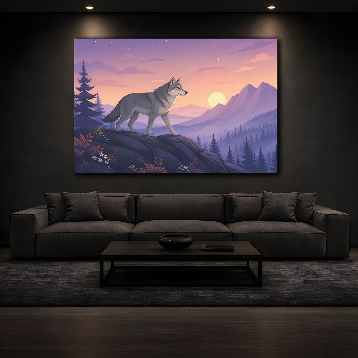 Mockup 4. Heavy Structured Texture Wolf Standing On Rocky Ridge In Twilight Fog shown as stretched canvas wall art