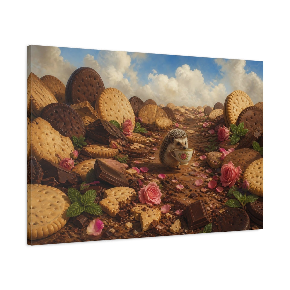 Main Mockup. Hedgehog Tea Party shown as canvas print