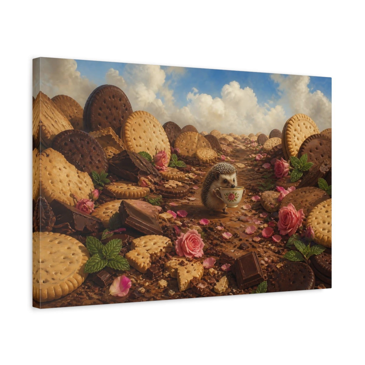 Side Mockup 3. Hedgehog Tea Party shown as canvas print